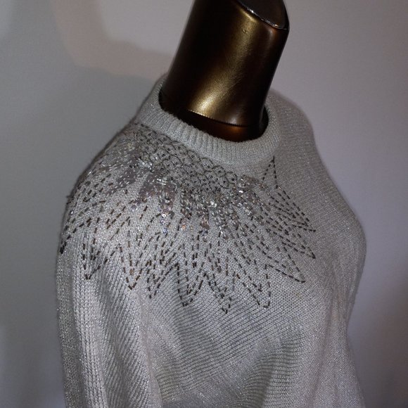 crew-neck silver metalic thread acrylic sweater sequin and beaded vintage 1980s - Picture 10 of 16